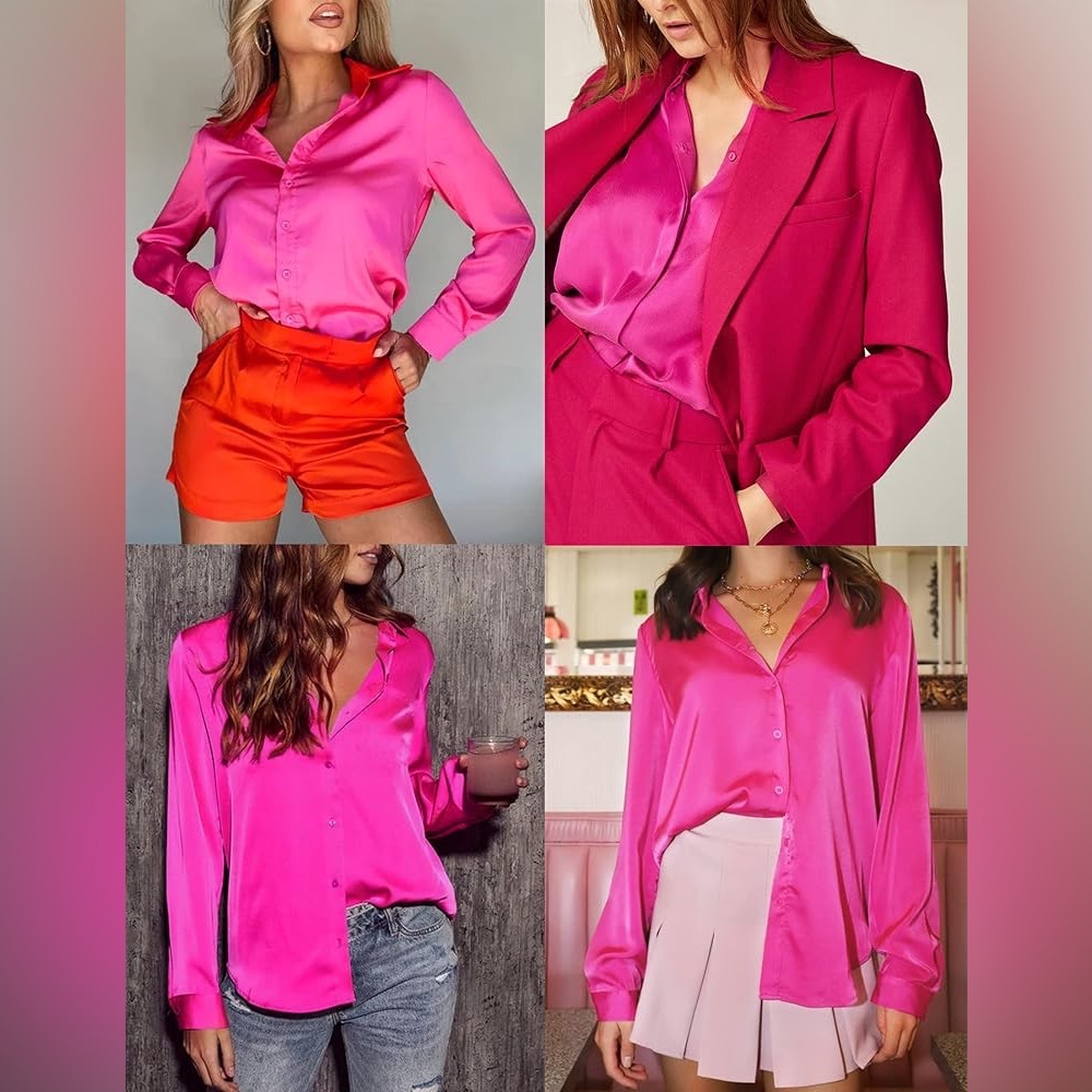 Satin Fuchsia Button-Up Women's Top Long Sleeve size Medium Hot Pink collar - Picture 4 of 6